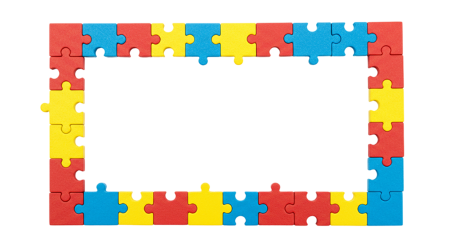 A colorful frame made of jigsaw puzzle pieces in red yellow and blue on a black background photography transparent background