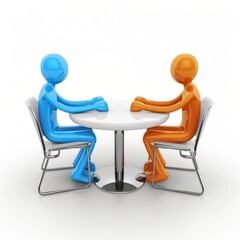 Two stylized figures seated around a table, engaged in discussion.