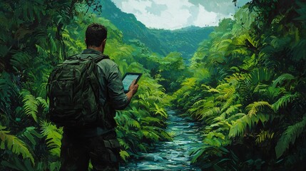 Environmental researcher analyzing biodiversity in lush jungle landscape gigapixel detail nature's embrace