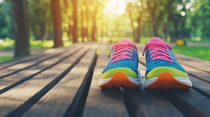 Brightly colored running shoes on wooden bench outdoor park sports photography nature environment close-up view