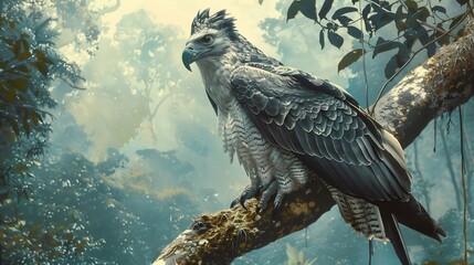 Massive harpy eagle perched high in the rainforest canopy its powerful talons gripping the branch tightly
