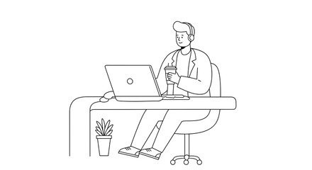 Remote worker enjoying coffee while working on a laptop  