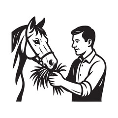 man feeds his horse with grass