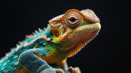 Fototapeta premium Chameleon Portrait: Vivid Scales, Intricate Detail, Dramatic Lighting