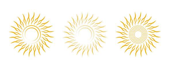 Creative yellow sun icon collection. Sunrise summer concept sign set to use for summer vacation, turism, summer holiday projects.