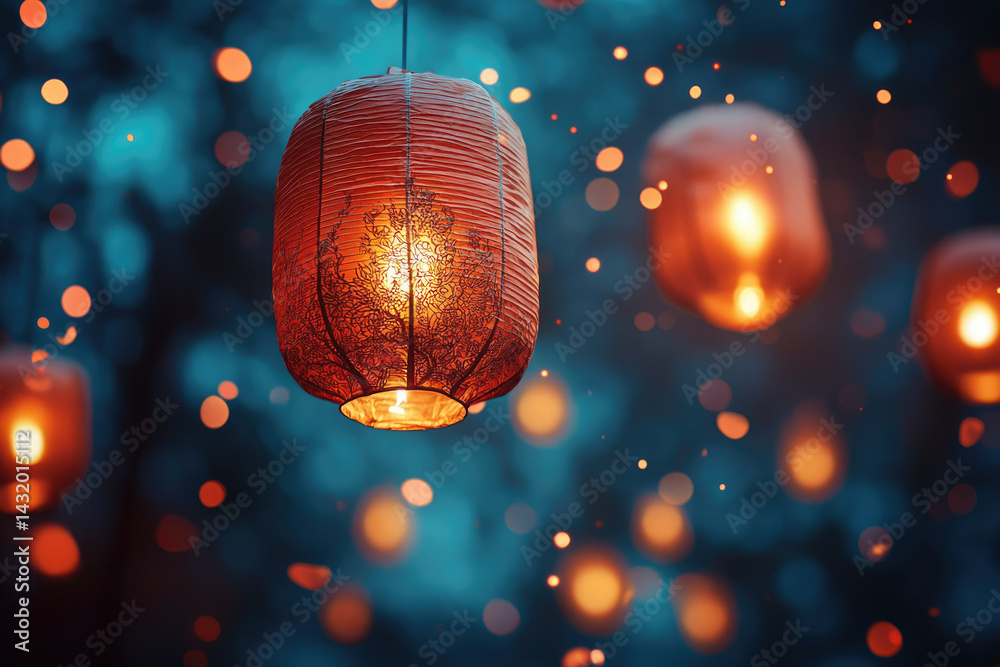 Poster Glowing red lanterns with intricate designs hang against a bokeh background, creating a magical ambiance.