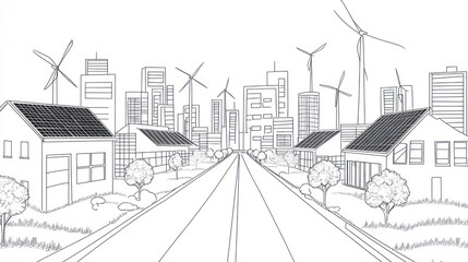 Eco-city Sustainable homes, wind turbines, solar panels, road, green landscape