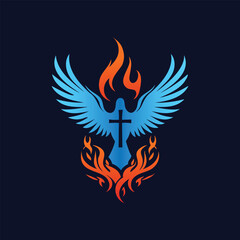 Fiery Dove with Holy Cross, Majestic phoenix Wings flames Cross, Pentecost Sunday, Holy Spirit Christian Symbol Tattoo Vector Illustration