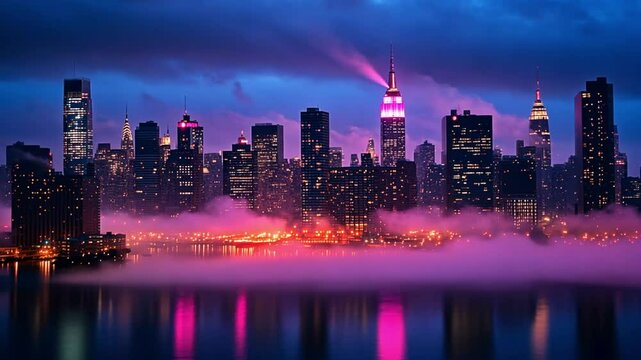 Enchanted Metropolis: A Nighttime Panorama of Manhattan Skyline Shrouded in Misty Veil