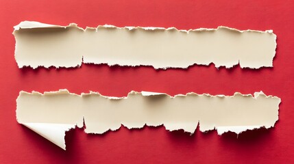 Torn Beige Paper on Red Background, Ripped Paper Texture, Blank Space for Text, Creative Design Element