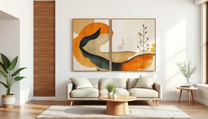 Modern abstract art, two pieces, beige sofa, warm tones