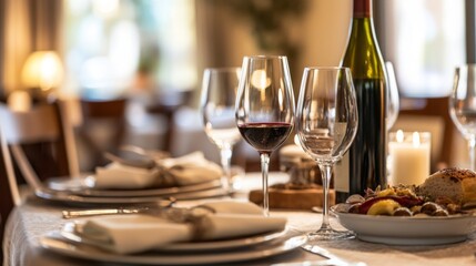 Elegant dining setup with wine and gourmet food in a cozy restaurant at evening time