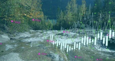 Flat design featuring flowing river with rapids and displaying data grid with candlestick charts - Powered by Adobe