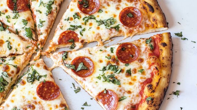 Freshly baked pepperoni pizza topped with basil slices and melted cheese on display at a restaurant