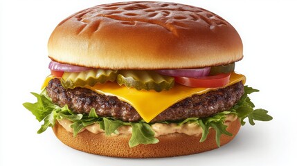 Juicy burger with cheddar cheese, lettuce, pickles, and onions on a fresh bun ready to be enjoyed at a summer picnic