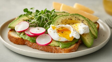 Fresh avocado toast topped with poached egg and vegetables served in a cozy breakfast setting