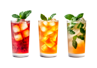 Three colorful cocktails with ice and mint in glasses isolated on transparent background