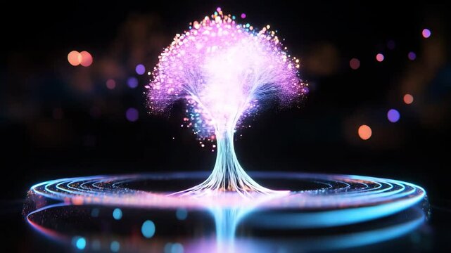 Glowing digital tree hologram representing decision making and growth