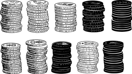 Stacks of coins displayed in two columns showcasing detailed engravings and textures with a focus on monetary themes
