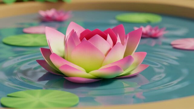 3D cartoon timelapse, lotus flower bud opening with calm mood on rippling pond with lily pads