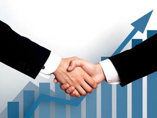 Two business professionals engage in a handshake in front of a graph that shows an upward trend, representing achievement and partnership in corporate growth.