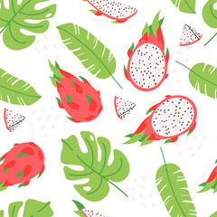 Colorful dragon fruit, pitahaya seamless pattern with slices, popsicles, cubes, and fun shapes for summer designs, stickers, prints, social media, party invitations. Summer fruit collection