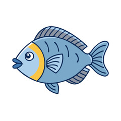 Illustration of a blue fish with yellow accent a cartoon aquatic animal sea life drawing art