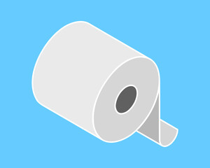 Isometric illustration of a roll of toilet paper against a light blue background.  Simple, clean design perfect for hygiene, cleanliness, or bathroomrelated projects.