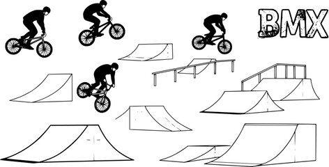 Obraz premium Various bike stunt elements and ramps depicted in a creative, monochromatic design showcasing the excitement of BMX riding 