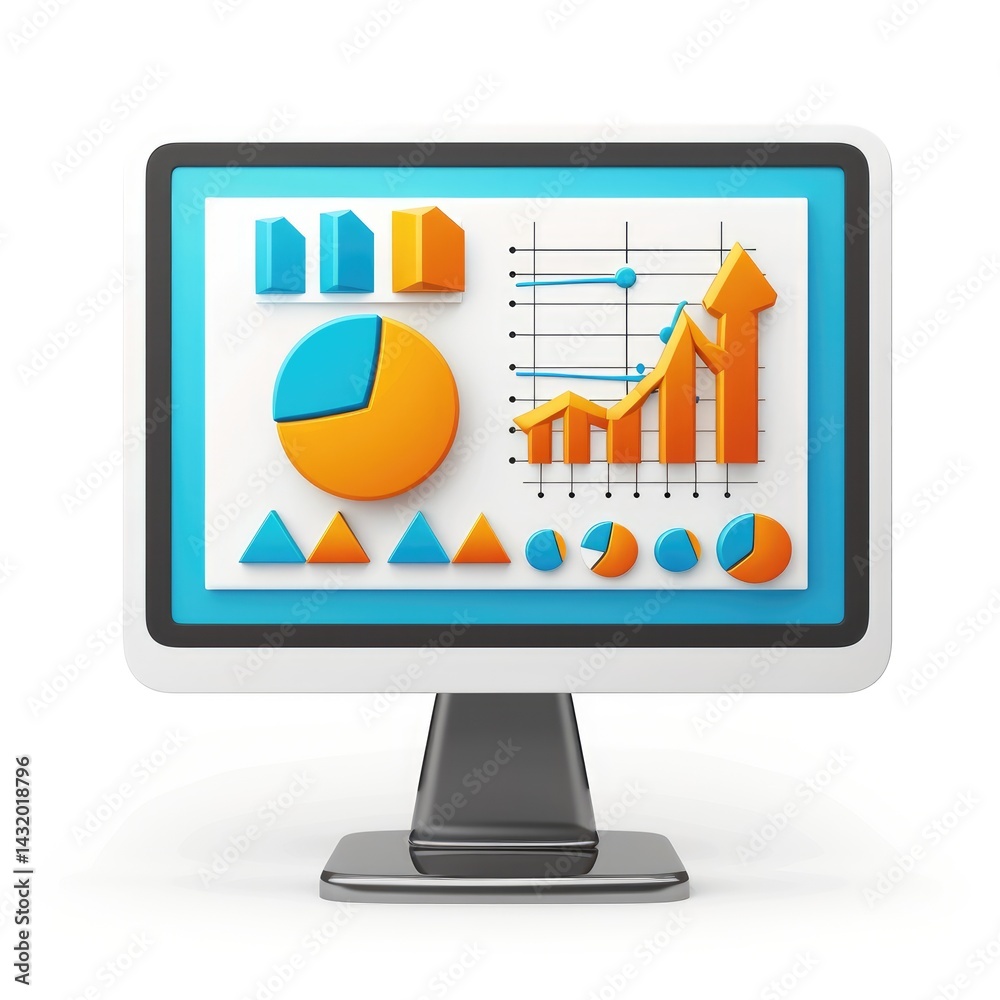 Poster computer monitor displaying various business graphs and charts.