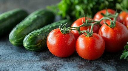 Fresh tomatoes and cucumbers arranged on a dark surface ready for salad preparation in a cozy kitchen