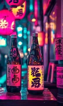 Two traditional sake bottles illuminated by colorful lanterns in a vibrant alleyway at night