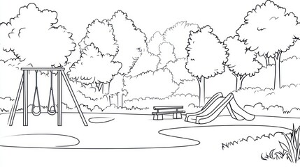 Obraz premium Park playground swings slides trees children's book illustration