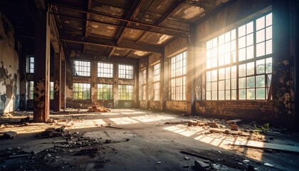 Urban photography of abandoned industrial building interior with dramatic light beams through broken windows