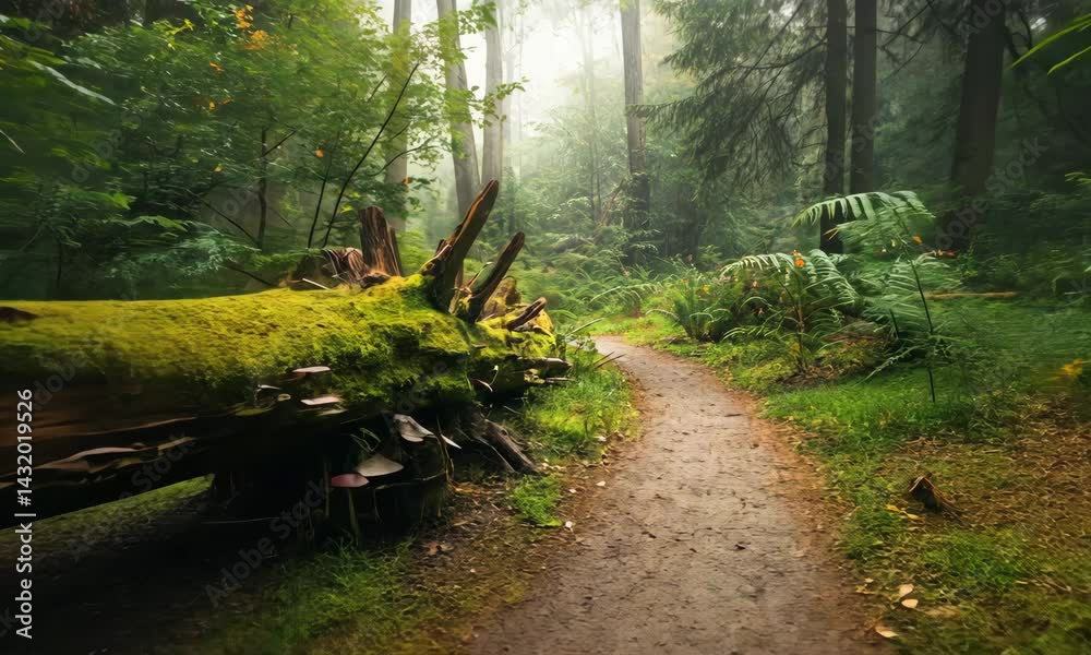 Wall mural serene forest path with fallen moss-covered log and mushrooms, surrounded by mist greenery