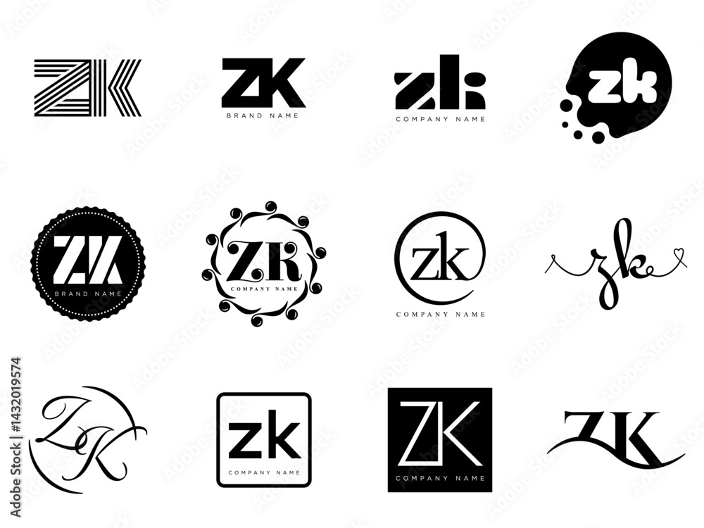 Fototapete zk logo company template. letter z and k logotype. set different classic serif lettering and modern 