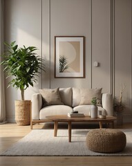Minimalist living room with one beige sofa, small wooden cabinet, clean floating shelf, white wall with empty frame for artwork mockup, indoor plant, soft daylight, photorealistic 8k background