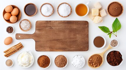 Dark wooden paddle board with flour, sugar, butter and baking ingredients, flat lay food composition with copy space for rustic dessert concept or bakery recipe design


