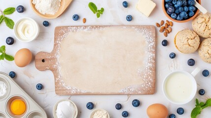 Rustic floured cutting board with surrounding blueberries, cream, eggs and almond, flat lay food composition with copy space for blueberry baking concept or vintage kitchen theme

