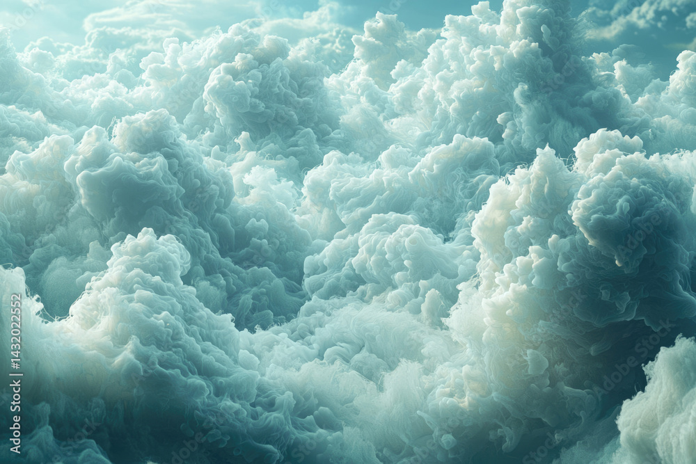 Poster a mesmerizing expanse of teal and white clouds, creating a dreamy, ethereal atmosphere.