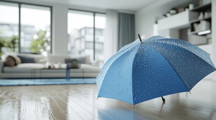 Fototapeta premium The house's roof is shielded from rain and storms by a blue umbrella, shown in an Stock picture