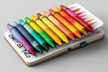 Fototapeta premium A vibrant row of colorful crayons resting atop a sketchbook with color smudges, creating an artistic and inspiring scene with various shades and textures.