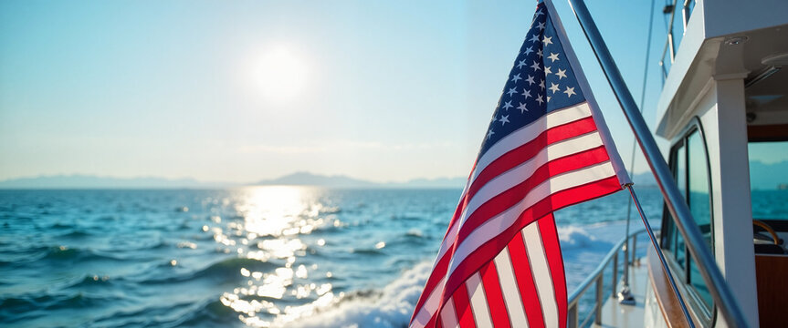 American flag waving on a boat amidst calm ocean waves, bright sunlight reflecting off the water, symbolism of freedom and patriotism. July 4,  Independence Day concept
