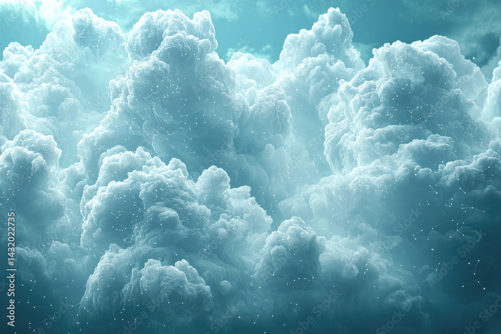 Poster a mesmerizing digital rendering of ethereal clouds, interwoven with delicate constellations of light