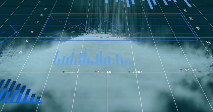 Large blue donut chart rotating over misty grid, showcasing 2D line graph, bar elements, pie charts