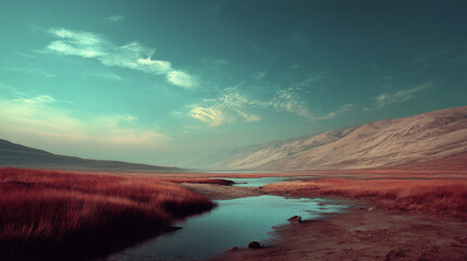 Naklejka premium An idyllic landscape view showcases a serene river flowing through a field of red grass towards distant mountains under a sky with wispy clouds in dreamy tones.