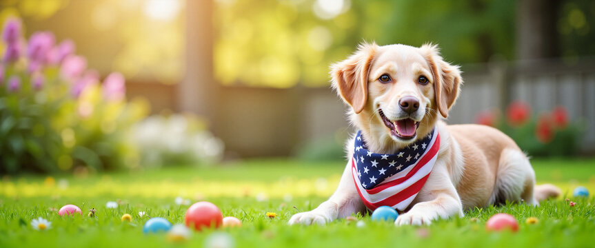 Golden retriever dog wearing an American flag bandana, happily lounging in a flower-filled backyard during bright daylight, patriotic celebration, July 4,  Independence Day concept