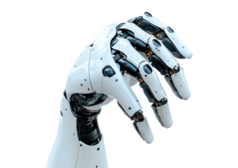 Futuristic white robotic hand isolated on transparent background