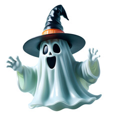Fantasma de Dia das bruxas 3d flutuando com alegre e descontraída e usando um chapéu de bruxo 