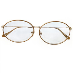 A pair of vintage-style round eyeglasses with thin, gold metal frames and clear lenses, placed against a white background for a clean, minimalist presentation.